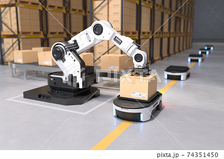 The Robot arm picks up the box to Autonomous Robot transportation in warehouses, Warehouse automation concept The Robot arm picks up the box to Autonomous Robot transportation in warehouses, Warehouse automation concept 74351450