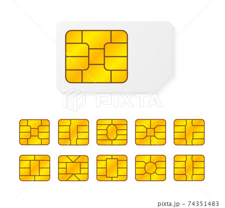 Realistic global collection phone sim card with different EMV chips. Nfc chip for credit card security isolated on white background. Big set elements. Vector. 74351483