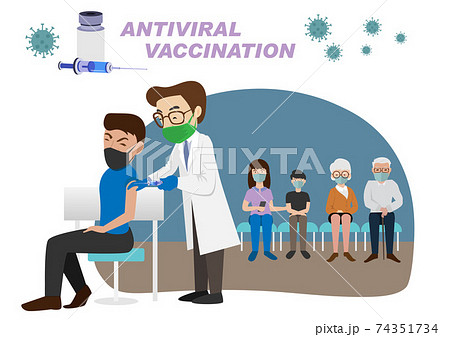 People vaccination concept for immune health. COVID-19. A doctor is vaccinating a man. And those waiting to receive the vaccine are receiving health care, prevention and immunity to coronavirus People vaccination concept for immune health. COVID-19. A doctor is vaccinating a man. And those waiting to receive the vaccine are receiving health care, prevention and immunity to coronavirus 74351734