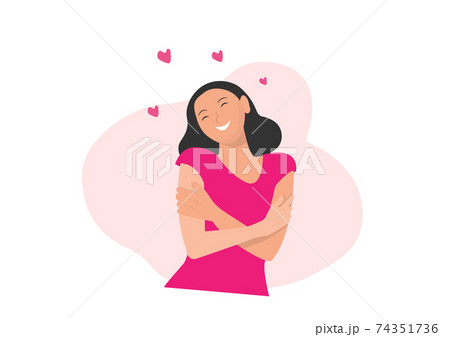 Love yourself. Take time for yourself. A woman hugging herself with a heart on a white background Lovely soft pastel pink shade. Love yourself. Take time for yourself. A woman hugging herself with a heart on a white background Lovely soft pastel pink shade. 74351736