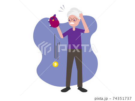 The financial crisis sad senior man shakes the piggy bank and one coin falls out. The financial crisis sad senior man shakes the piggy bank and one coin falls out. 74351737