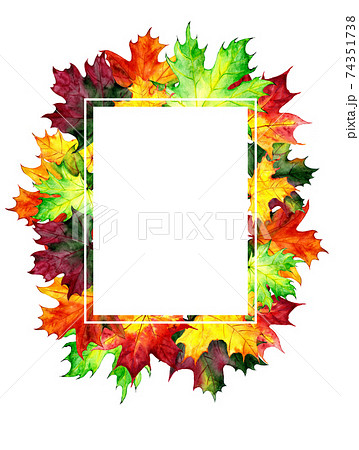 Frame of autumn maple leaves. Painted in watercolor. Template with place for writing text Frame of autumn maple leaves. Painted in watercolor. Template with place for writing text 74351738
