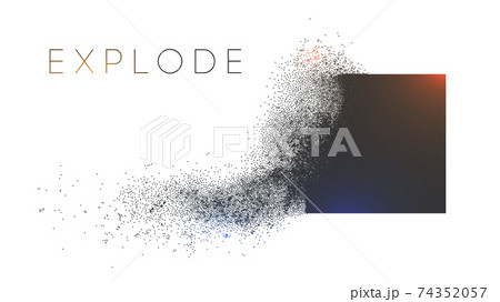 Square explosion with abstract burst. Vector particles of black shape broken debris. 3d square energy background. Futuristic cube geometric illustration. Vector explosion cloud with mist. Square explosion with abstract burst. Vector particles of black shape broken debris. 3d square energy background. Futuristic cube geometric illustration. Vector explosion cloud with mist. 74352057
