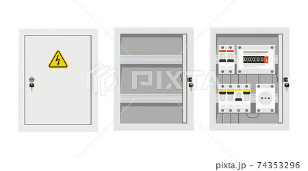 Electrical power switch panel with open and close door. Fuse box. Isolated vector illustration in flat style 74353296