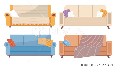 Set of illustrations on theme of leisure furniture. Couch with colorful pillows vector illustration 74354314