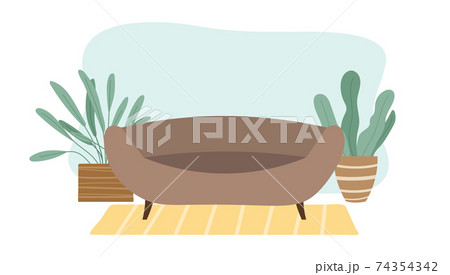 Brown sofa and potted plants in apartment design. Living room furniture, modern home interior 74354342