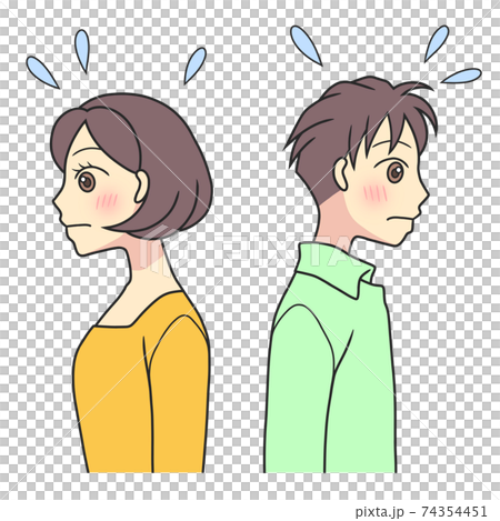 背中合わせで照れる若い男女 背中合わせで照れる若い男女 74354451