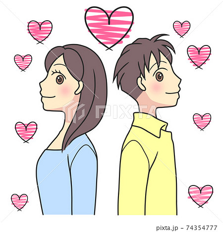 背中合わせで見つめ合う若い男女とピンクのハートのイラスト素材