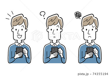 ベクターイラスト素材：スマートフォンを使う若い男性、セット 74355194