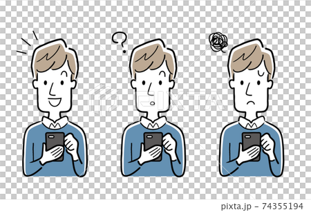 ベクターイラスト素材：スマートフォンを使う若い男性、セット 74355194