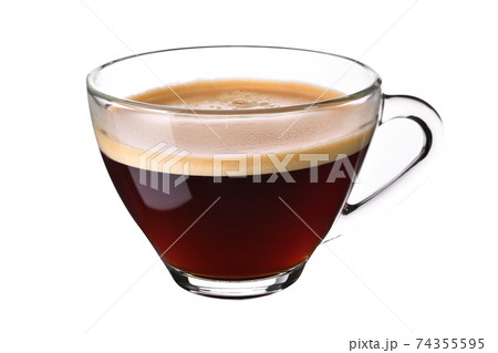 Glass cup of espresso coffee isolated on white background Glass cup of espresso coffee isolated on white background 74355595