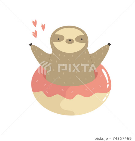 Cute sloth jumping of donut. Vector illustration of a funny animal 74357469