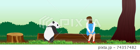 見つめ合う丸太に座る少女と立つパンダ 横長のイラスト素材