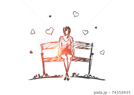 Hand drawn girl in love sitting on bench 74358435