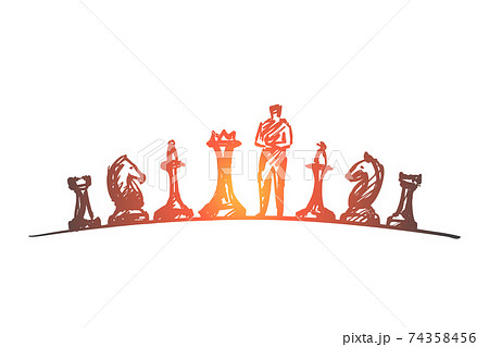 Hand drawn man standing between chessmen Hand drawn man standing between chessmen 74358456