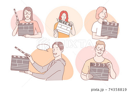 Filmmaking workers with clapperboard concept Filmmaking workers with clapperboard concept 74358819