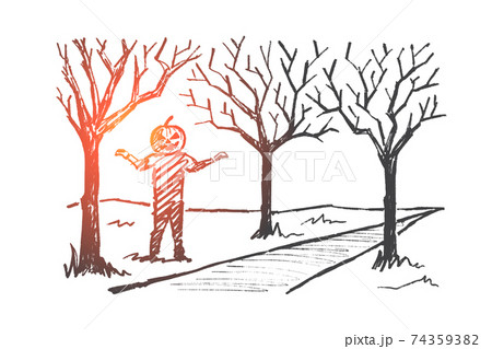 Hand drawn man with Halloween pumpkin head smiling 74359382