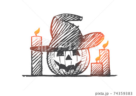 Hand drawn Halloween pumpkin face and candles 74359383