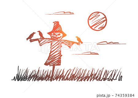 Hand drawn Halloween scarecrow with crows at night 74359384