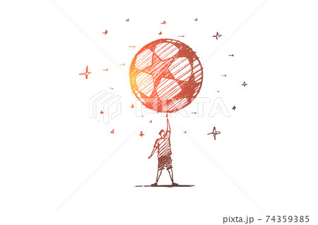 Hand drawn football player holding big ball above 74359385