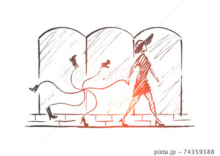 Hand drawn stylish woman with bunch of tied shoes 74359388