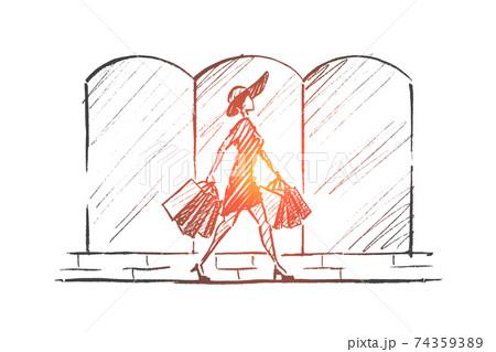 Hand drawn stylish woman with shopping bags 74359389