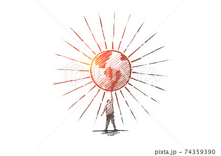 Hand drawn man holding shining globe. 74359390