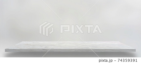 Front view of empty shelf on white table showcase and wall background 74359391