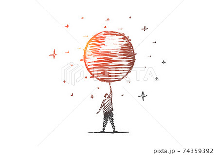 Hand drawn big globe spinning on mans finger 74359392