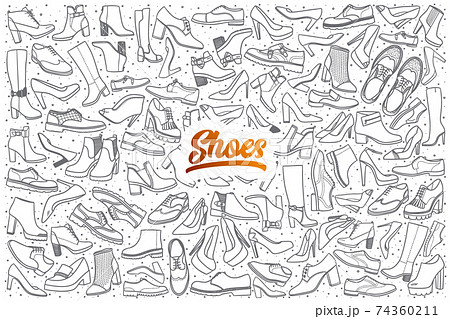 Hand drawn shoes doodle set with orange lettering 74360211