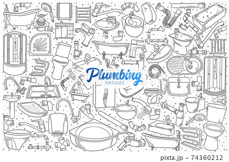 Hand drawn plumbing fixtures set with lettering Hand drawn plumbing fixtures set with lettering 74360212