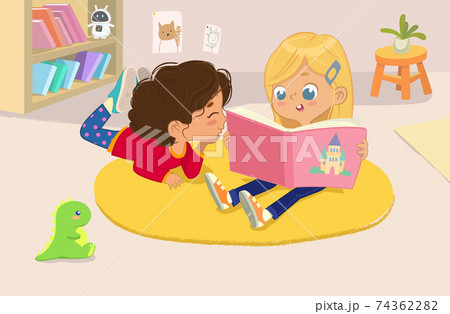 illustration of two girls reading the book in a book corner in the kindergarten 74362282