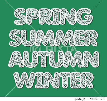 Words Winter, Spring, Summer, Autumn. Decorative carved font with a lace pattern of leaves. White letters on a green background. Template for plotter laser cutting. Vector illustration. 74363079
