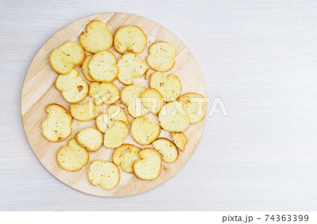 Reuse of bread for making homemade breadcrumbs homemade croutons. copyspace Reuse of bread for making homemade breadcrumbs homemade croutons. copyspace 74363399
