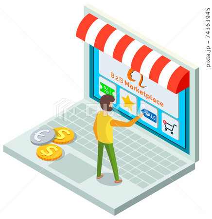 Online store concept. Male buyer selects a product on a store website on a laptop with application Online store concept. Male buyer selects a product on a store website on a laptop with application 74363945