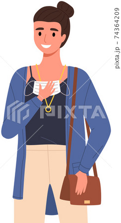 Girl is putting on a mask. Coronavirus, quarantine, self-isolation, pandemic, virus. Female remove face mask 74364209