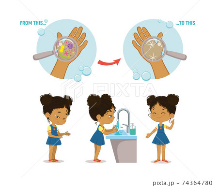 Illustration of a african american girl washing her hands on a white background. Step Poster Infographic illustration. 74364780