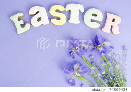 Easter composition, homemade cookies on bright background. 74366423