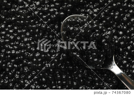 Fresh black caviar and spoon on whole background, close up Fresh black caviar and spoon on whole background, close up 74367080