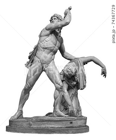 Ancient sculpture of gaul killing himself and his wife. Marble man and woman statue isolated on white background Ancient sculpture of gaul killing himself and his wife. Marble man and woman statue isolated on white background 74367729