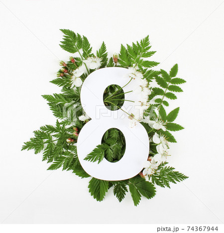 Number 8 with cherry blossoms and green leaves.  74367944