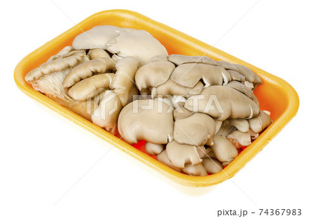 Fresh raw oyster mushrooms in package on white background Fresh raw oyster mushrooms in package on white background 74367983