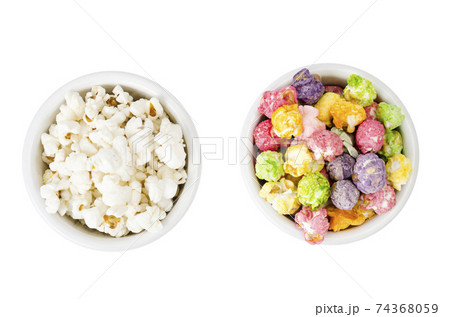White bowls with different popcorn. Studio Photo 74368059