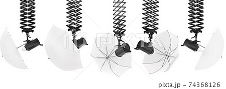 Photography studio flash on ceiling pantograph with umbrella isolated on white. Photography studio flash on ceiling pantograph with umbrella isolated on white. 74368126