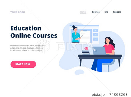 Landing page concept. Webinar, conference, course, lecture, and training. Online education, e-learning, studying at home. Vector flat illustration. 74368263