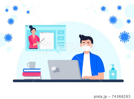 A man with face mask studies online. Webinar, conference, course, lecture, and training. Online education, e-learning, studying at home. Vector flat illustration. 74368265