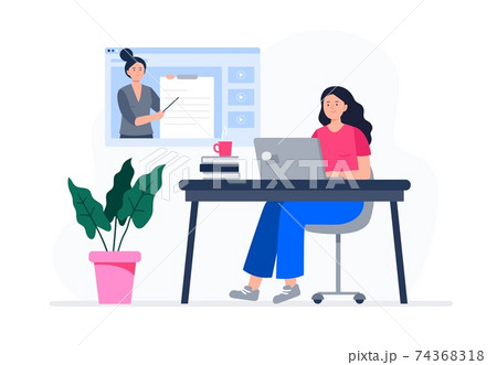 A young woman is watching video lessons. Online education, e-learning, studying at home. Vector flat illustration. 74368318