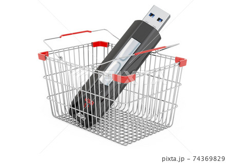Shopping basket with USB flash, 3D rendering 74369829