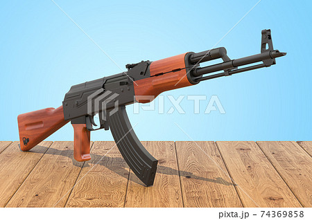 Assault Rifle On The Wooden Planks 3d Renderingのイラスト素材