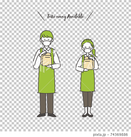 Illustration material of a male and female clerk handing a paper bag wearing a mask 74369886